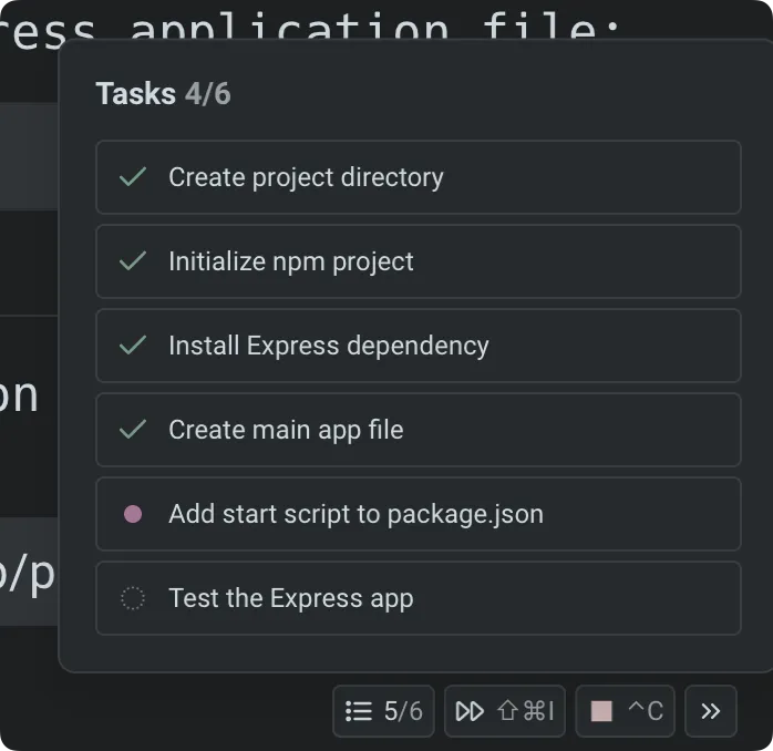 Task list popup showing 4 of 6 tasks completed with status indicators for each step