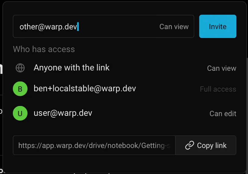 A sharing dialog showing that anyone with the link can view, the owner has full access, and another user can edit.